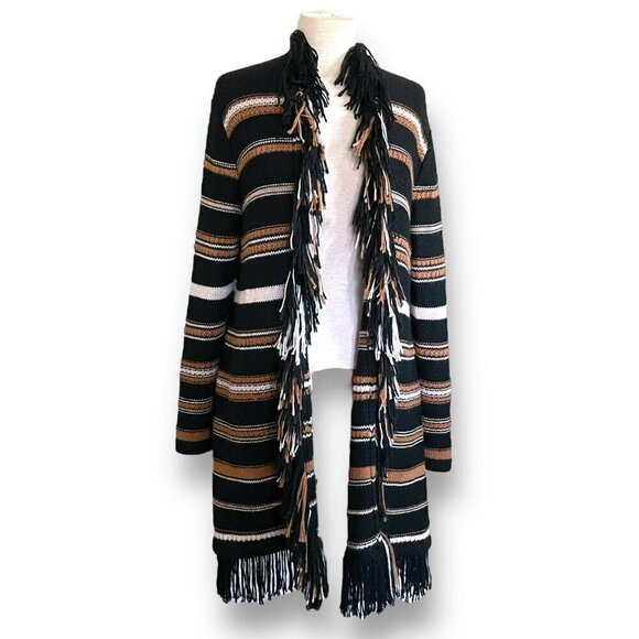 Johnny Was Ada Cardigan Sz M Black Brown Stripe Alpaca Wool Fringe Boho Sweater - Picture 8 of 11
